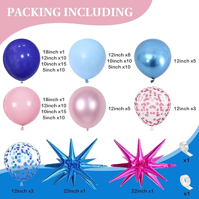 Royal Blue and Pink Balloons Arch 118pcs Pastel Blue Light Pink Balloons Garland Metallic Confetti Latex Balloon Explosion Star Foil Summer Hawaii Birthday Party Decorations Gender Reveal Baby Shower