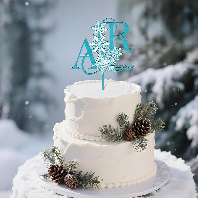 Customized Winter Wedding Cake Topper in Wood Personalized Bride & Groom's Initials and Wedding Date Cake Decoration with Snowflake