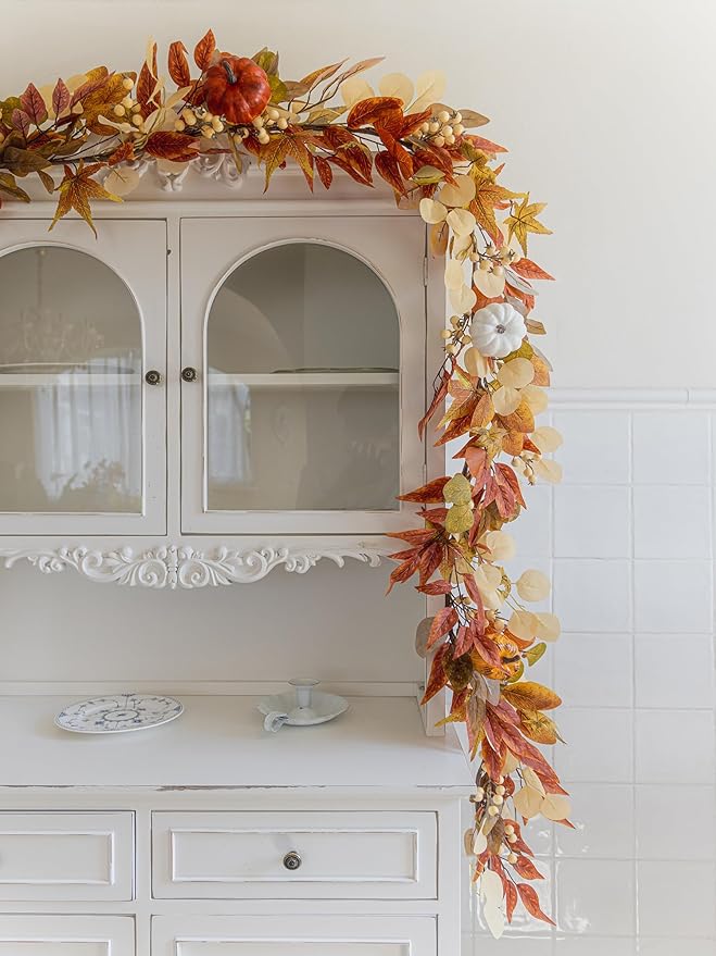 Thanksgiving Decorations - Clycaloor 6.8FT Fall Garland Maple Leaf, Artificial Autumn Hanging Vine Garland Thanksgiving Decor for Home Wedding Fireplace Party Christmas Halloween