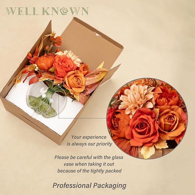 WELL KNOWN Artificial Flowers in Vase, Silk Rose Peony Flower Bouquet Table Centerpieces with Faux Water for Fall Home, Fake Flower & Maple Arrangement for Seasonal Party Decor (Burnt Orange & Earth)