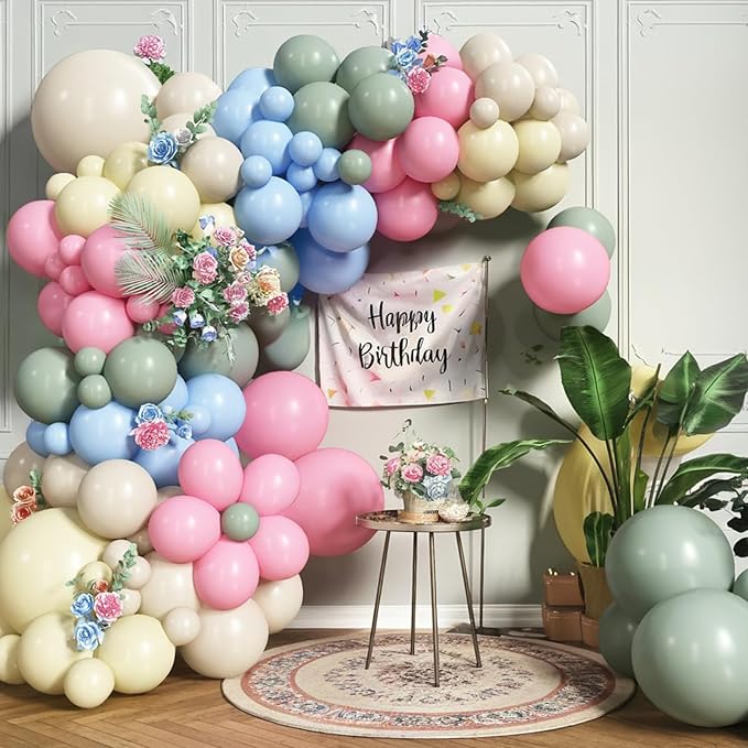 Pink Green Balloons Arch Sage Green Pink Blue Yellow White Balloon Garland Pastel Blue Yellow Beige Olive Latex Balloons Fairy Birthday Tea Goose Party Decorations Wedding Wildflower Baby Shower