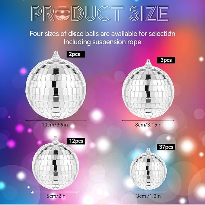 54 Pcs Disco Balls, Hanging Disco Ball Decor, Silver Decor 4 Sizes Reflective for 70s Party Decorations Wedding Dance Music Prom Props (4 Inch, 3.2 Inch, 2 Inch and 1.2 Inch)