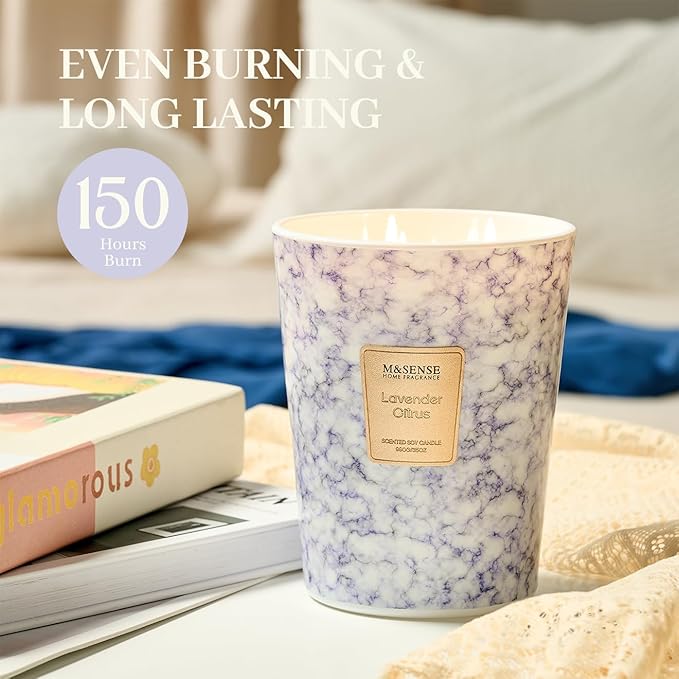 M&SENSE Extra Large Candle 35oz 150H LavenderCitrus Scented, 3 Wick Highly Scented Jar Candle, XL Large Christmas Gift Candle for Women, Long Lasting Burning for Holiday, Thanksgiving, Christmas