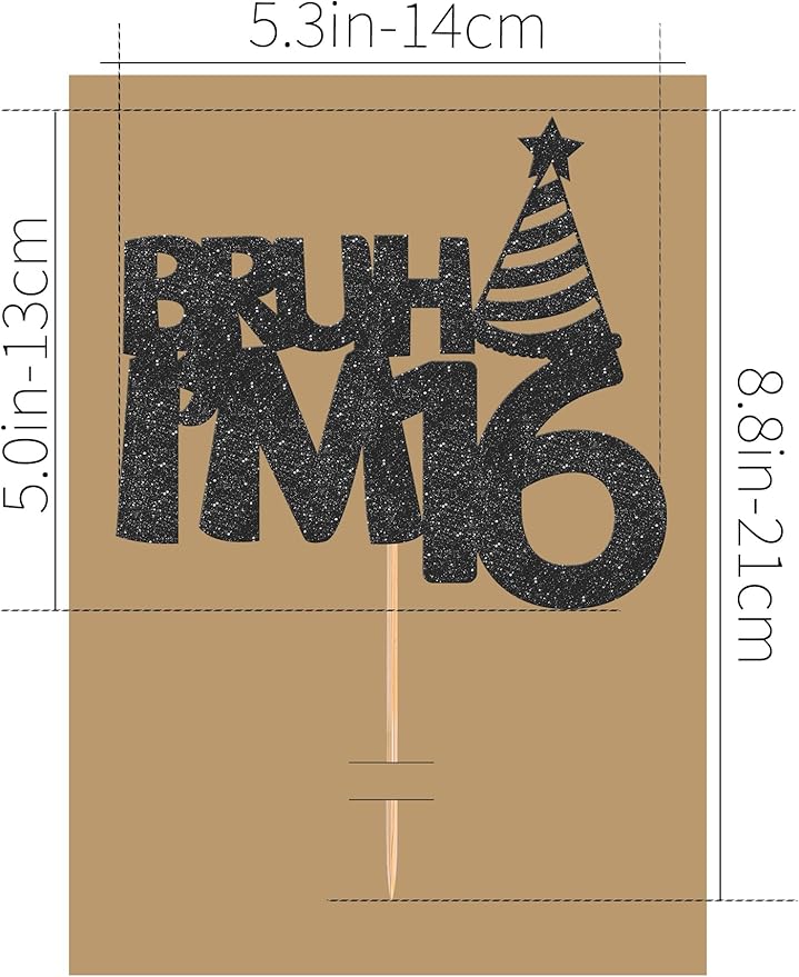 Bruh I’m 16 Cake Topper - Glitter Black 16th Birthday Cake Decorations, 16 Years Old Birthday Cake Smash Decor (16)