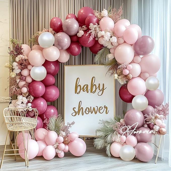 Dusty Rose Balloon Arch Kit Double Stuffed Pink Balloon Garland Pastel Light Pink Mauve Pearl White Rose Gold Latex Balloons for Birthday Baby Shower Bridal Wedding Bachelorette Party Decorations