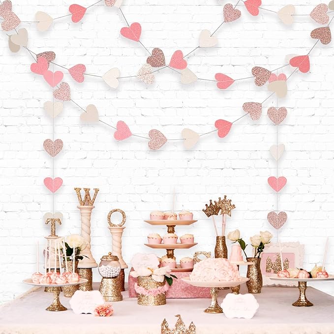 Sparkly Heart Hanging String Garland, Paper Heart Garland Streamers for Bachelorette Birthday Party Decorations Baby Shower Anniversary Bridal Shower Decorations, Rose Gold Pink White