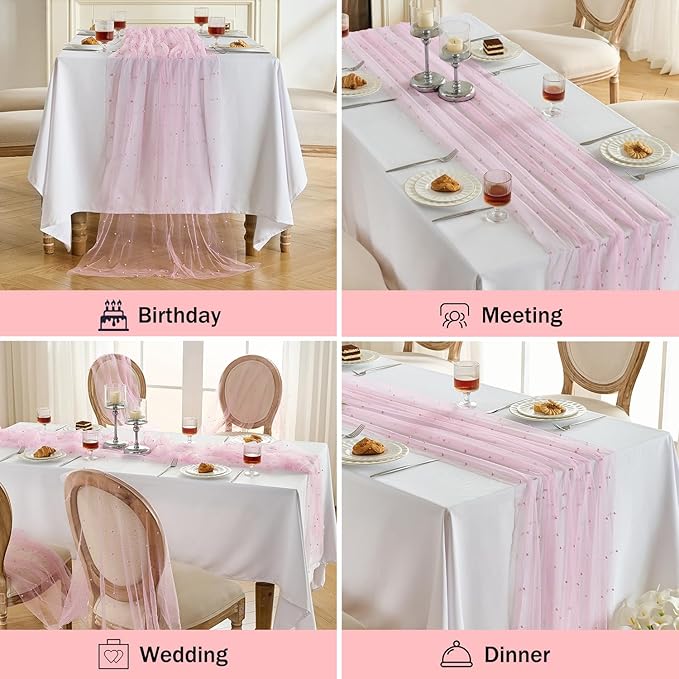 Fanami 6 Pack Pearl Table Runner -10FT Blush Pink Boho Tulle Table Runners 120 Inches Long Rustic Sheer Lace Fabric Centerpieces for Wedding Arch Birthday Party Bridal Veil Baby Shower Decorations