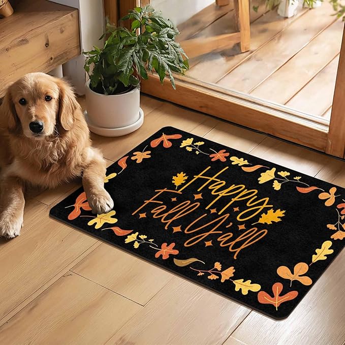 Fall Welcome Maple Leafs Decorative Door Mat, Autumn Thanksgiving Doormat for Indoor Outdoor Entrance Floor Mats,Fall Pumpkins Non Slip Harvest Vintage Decor Rubber Welcome Mats 30" x 18" Inch
