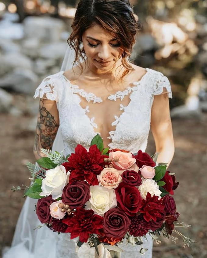 Roses Artificial Flowers Red Bouquet Box Set Fake Flower for DIY Bridal Wedding Shower Decorations Centerpieces for Table Faux Silk Floral Arrangement for Party Home Decor Indoor Burgundy