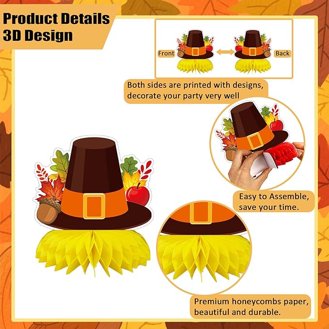 9PCS Thanksgiving Honeycomb Centerpiece Turkey Pumpkin Maple Leaves Honeycomb Thanksgiving Table Centerpiece for Thanksgiving Table Decoration Fall Autumn Theme Birthday Party Supplies