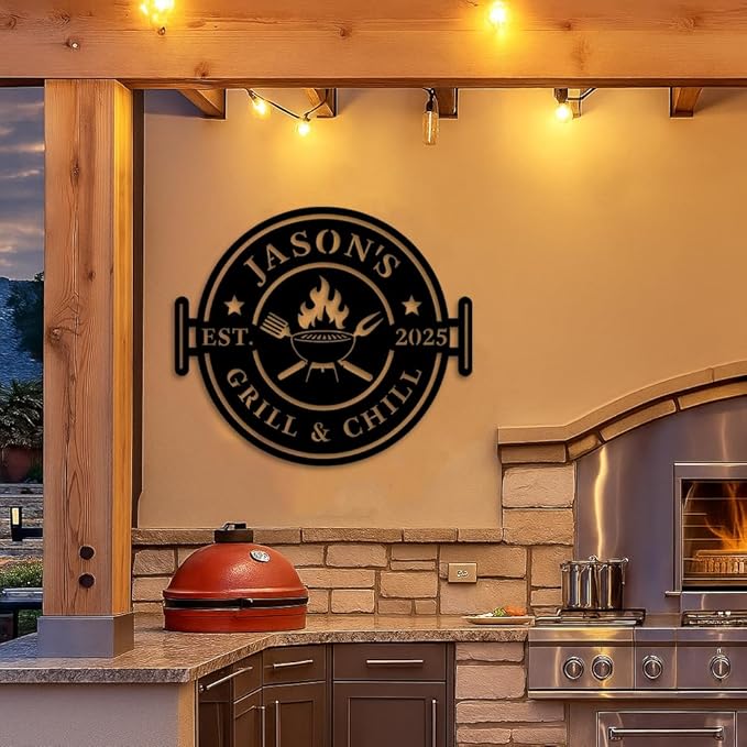 Custom Grill and Chill Metal Sign, Personalized BBQ Barbecue Plaque with Fire Pit and Utensils Design, Outdoor Patio Yard Wall Art, Rustic Backyard Bar Decor, Birthday, Christmas, Holiday Gift