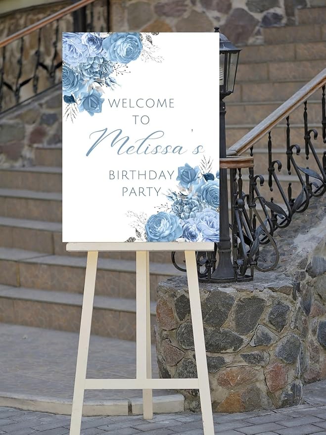 Editable Baby Blue and Silver Birthday Welcome Sign, Floral Birthday Party Welcome Poster, welcome birthday party sign, welcome sign for birthday parties