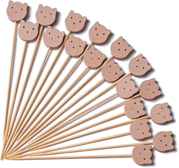PuTwo Cocktail Picks 4.7 Inch 200pcs Bamboo Fancy Skewers Toothpicks for Appetizers Bear Face Toothpicks for Food Drink Fruit Sandwich BBQ Charcuterie Boards Accessories Birthday Party Supplies