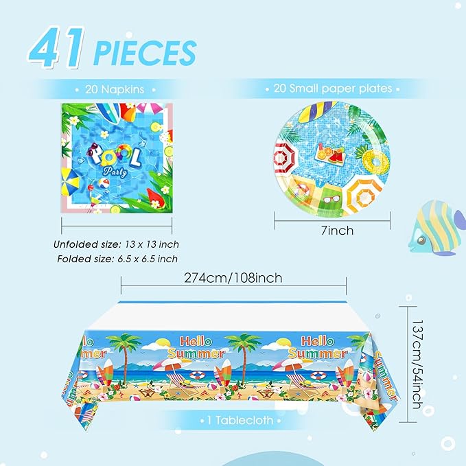 41Pcs Pool Party Decorations,Summer Beach Tableware Include Hello Summer Paper Plates,Napkins,Tablecloths,for Kids Swimming Pool Birthday Party,Hawaii Holiday Beach Party Decorations Supplies,Serv 20