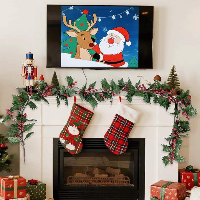72inch Christams Garland for Front Door,Artificial Green Leaves Paired with Berries for Door Wall Window Fireplace Party Decor