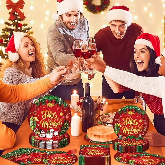 96Pcs Feliz Navidad Decorations Christmas Disposable Tableware Set - Feliz Navidad Red and Green Paper Plates Napkins Forks Mexican Spanish Christmas Party Supplies Serve 24 Guests