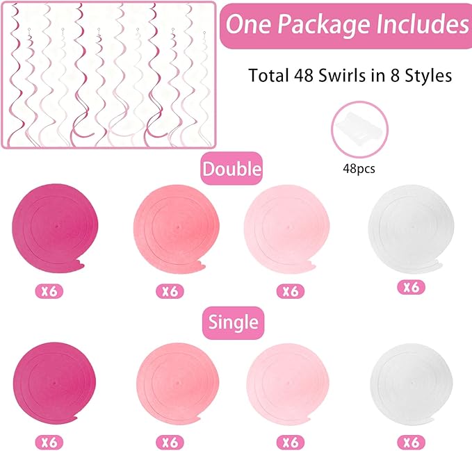 48 Pcs Pink Hanging Swirl Party Decorations Hot Pink Felt Ceiling Spiral Streamers with Hooks for Birthday Bachelorette Wedding Bridal Shower Engagement Party Swirl Decorations