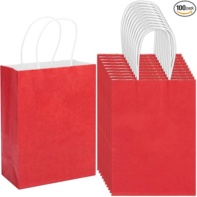 100 Pack 5.9x3.15x8.26 inch Small Gift Bags, Kraft Red Bags with Handles Bulk for Birthday Party Favors,Gift Paper Bags,Retail Shopping Business Goody Craft Gift Bags