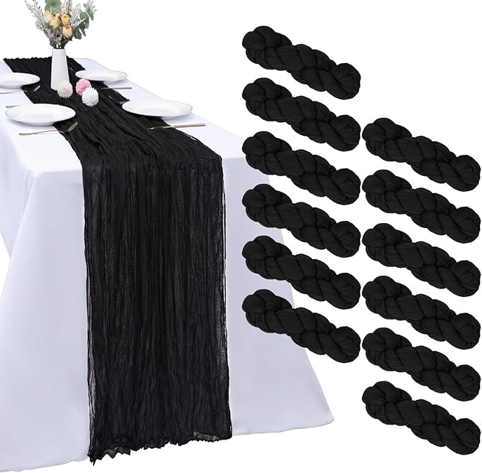 12 Pack Black Table Runner Cheesecloth 10FT Boho Gauze Fabric Table Runner 35 x 120 Inch Rustic Sheer for Centerpiece Wedding Decor Baby Shower Party Boho Decoration(Black)