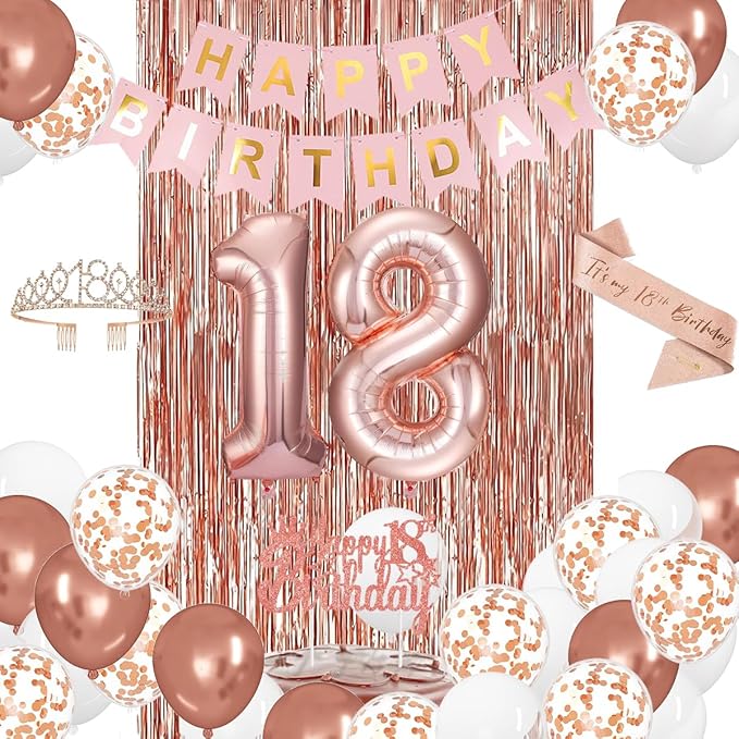 18th Birthday Decorations for Girls, Rose Gold 18th Birthday Party Set with Crown, Sash, Cake Topper, Balloons, Banner, Fringe Curtains - Perfect 18th Birthday Party Supplies