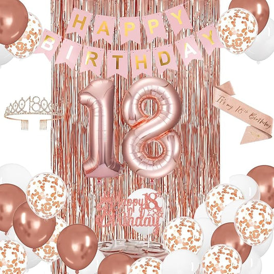 18th Birthday Decorations for Girls, Rose Gold 18th Birthday Party Set with Crown, Sash, Cake Topper, Balloons, Banner, Fringe Curtains - Perfect 18th Birthday Party Supplies