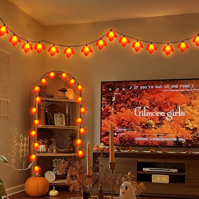 8.5FT Autumn Maple Leaf Lights – 10 LED 3D Orange Leaves, Plug-in String Lights for Fall Decor, Thanksgiving, Halloween, Fireplace & Party Decorations