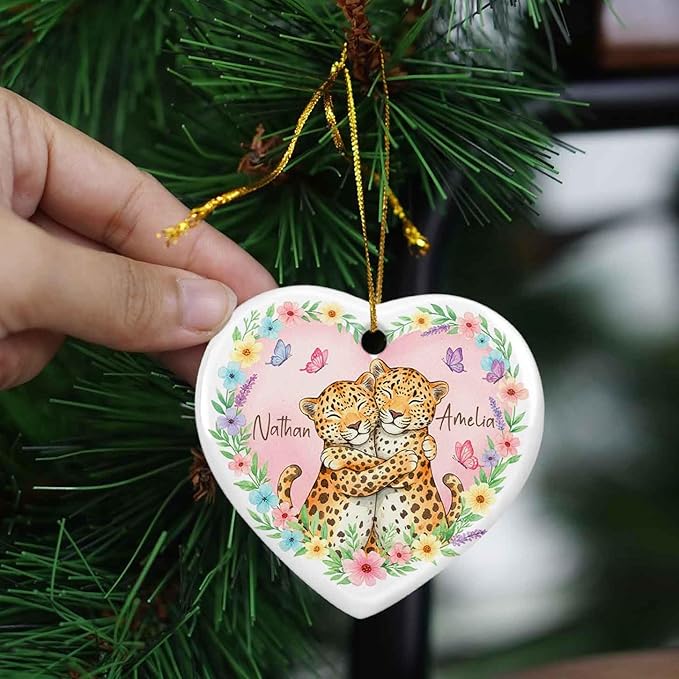 Leopard Couple First Christmas Together Ornament, Custom Names Anniversary Ceramic Ornament, Personalized Leopard Watercolor Floral Butterfly Ornaments, Sweet Animals Keepsake Gift for Husband Wife
