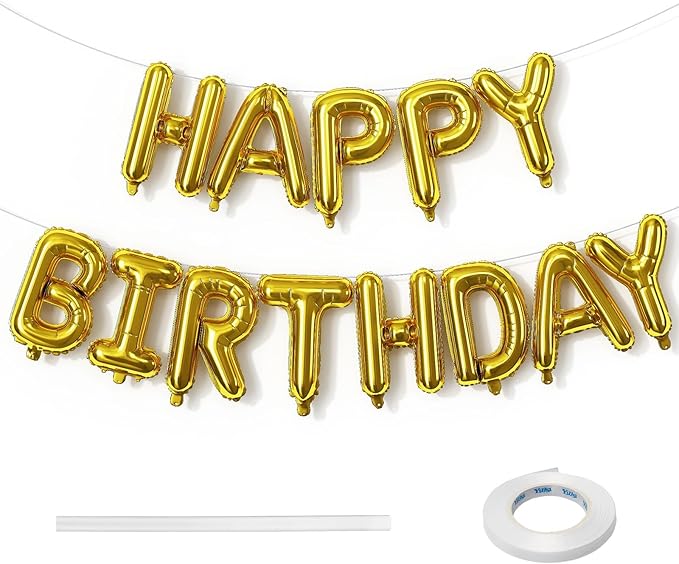Gold Happy Birthday Mylar Foil Balloon Banner, 16 Inch Letter Balloons Bunting for Women, Men, Girls, Boys Birthday Party Decorations