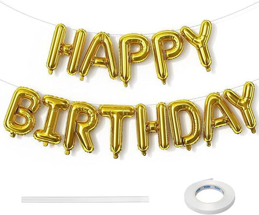 Gold Happy Birthday Mylar Foil Balloon Banner, 16 Inch Letter Balloons Bunting for Women, Men, Girls, Boys Birthday Party Decorations