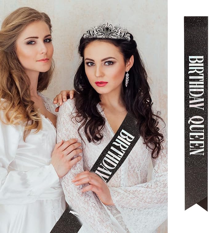 Velscrun Birthday Queen Tiaras Crown for Women, Queen Tiara for Mom, Girls Princess Crowns for Women, Black Rhinestones Birth Crown Headband Birth Sash, 50th Birthday Prom Party Decorations