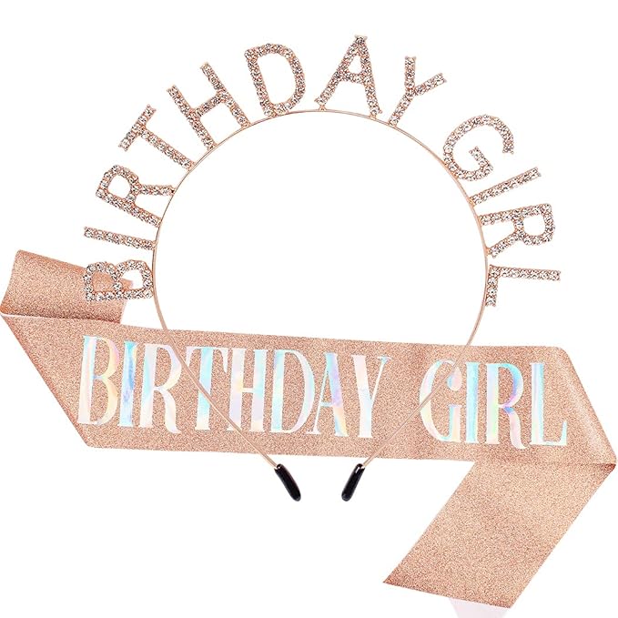 AOPRIE Birthday Crown for Women with Sash Rose Gold Blink Pink Tiara for Women Birthday Girl Headband Princess Crown Rhinestone Party Accessories