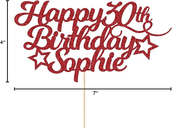 Personalized Happy Birthday Cake Topper Customized with Any Age Name Party Cake Decoration 16 18 21 40 60 Double Sided Glitter Card Red