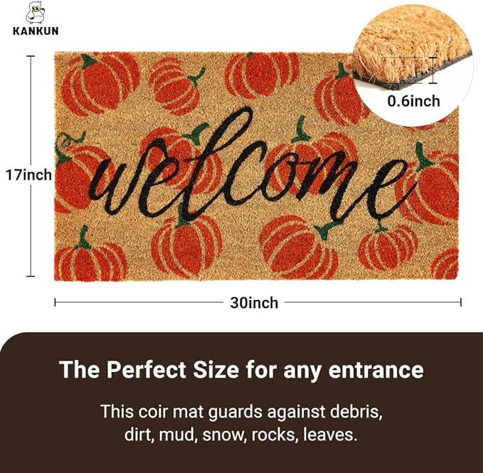 KANKUN Coco Coir Door Mat with Heavy Duty Backing, Welcome Doormat (17" x 30"), Doormat Entrance (Welcome3 - Halloween)
