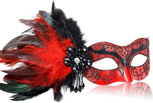 2025 New Red Masquerade Venetian Mask for Women - Womens Mascarade Mask with Feathers for Masquerade Party, Halloween Ball, Cosplay Prom, Christmas, Birthday, Wedding
