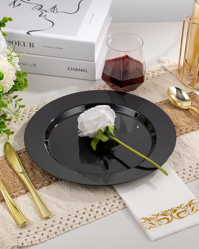 BESTVIP 100PCS Black Plastic Plates, 10.25 Inch Disposable Dinner Plate Party, Heavy Duty Disposable Plastic Plates - Ideal for Halloween Parties, Wedding and Birthday, Everyday Use, Lunch & Dinner