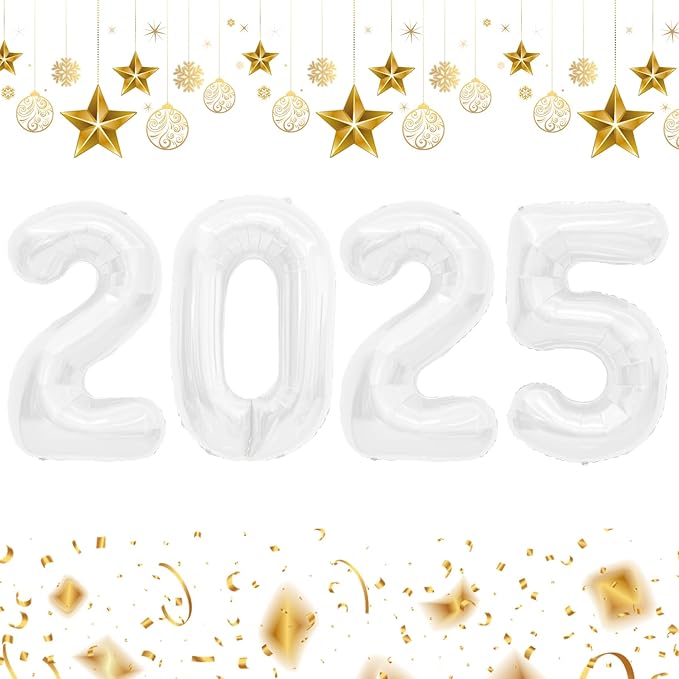 2025 Balloons, 40 Inch 2025 Number Balloons, 2025 White Balloons, Large Foil Happy New Year Balloons for New Year Eve Party Supplies 2025, New Years Decorations 2025, Christmas, Wedding, Halloween