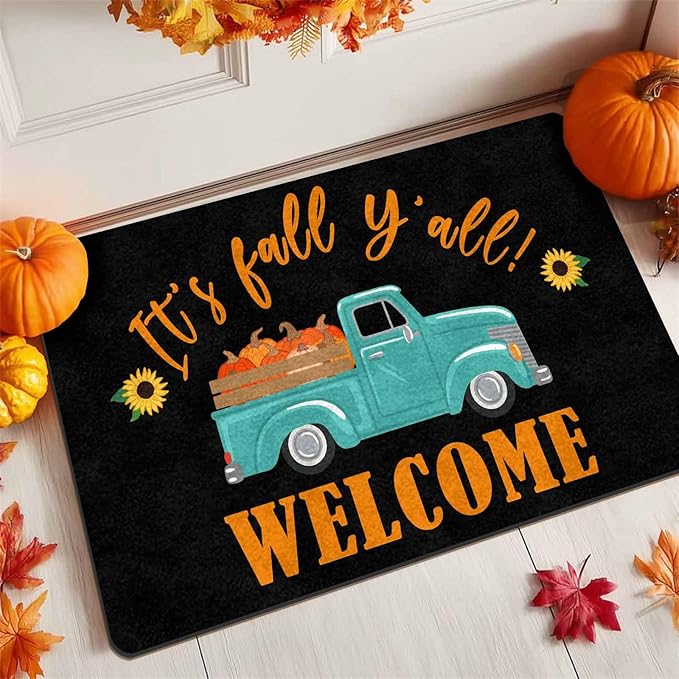InterestPrint Fall Welcome Door Mat, Fall Truck Harvest Pumpkin Doormat for Front Door Outdoor Outside Entrance Porch Non Slip Rubber Rug Autumn Halloween Thanksgiving Farmhouse Decor