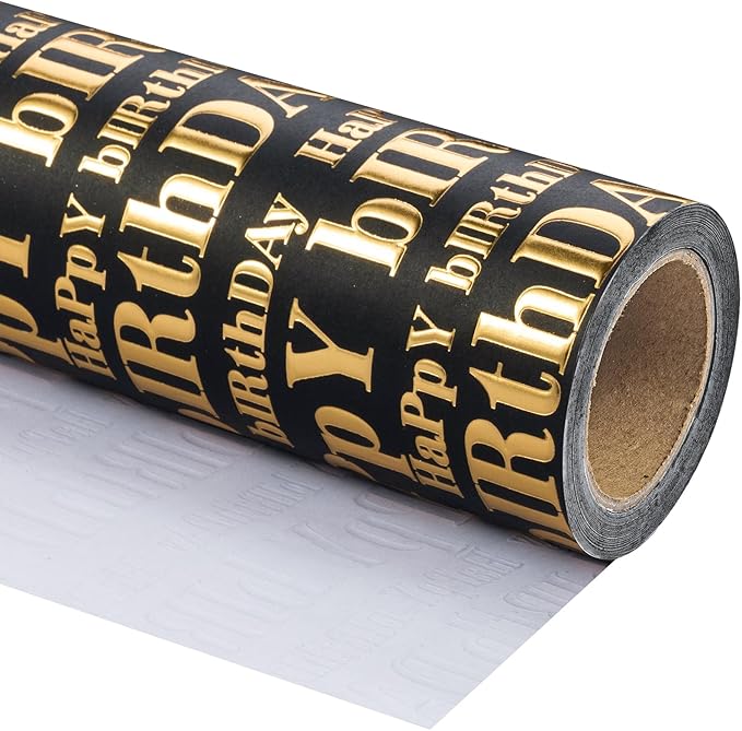 WRAPAHOLIC Jumbo 3D Kraft Birthday Wrapping Paper Roll - 30 Inch x 16.5 Feet - Gold and Black Happy Birthday Wrapping Paper with Embossed Perfect for Holiday, Party Celebration
