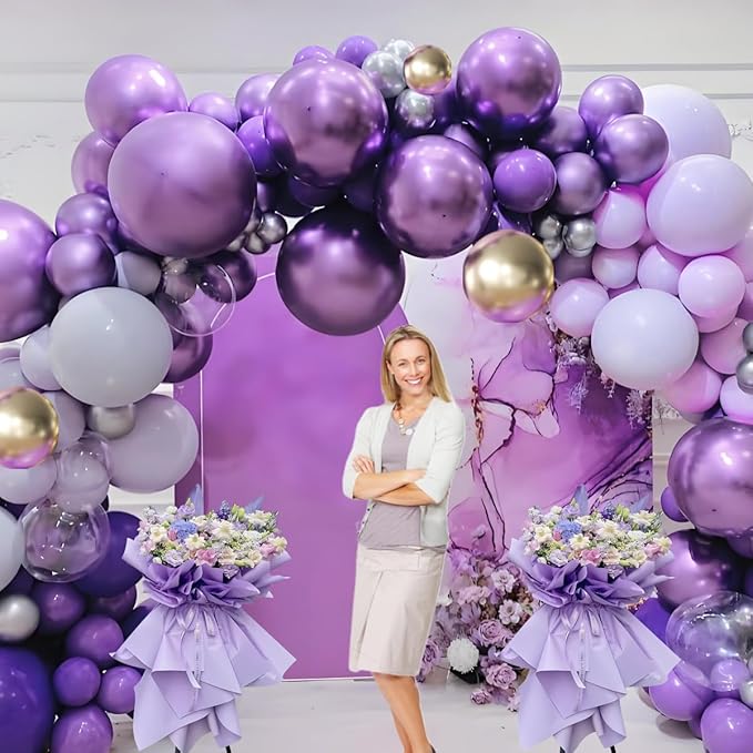 Purple and Gold Balloons Arch Kit, 166Pcs Dark Purple Metallic Lavender Lilac Violet Gold Chrome Balloons for Baby Shower Girl Princess Party Wedding Decorations