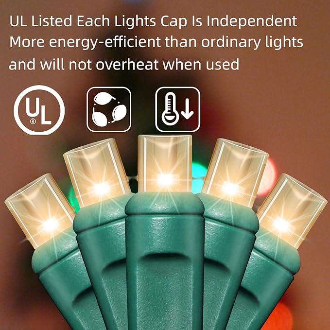 LAMPHOME 50Count String Lights, LED Christmas Lights, 6" SPACING,Green Wire,Warm White,Commercial Grade