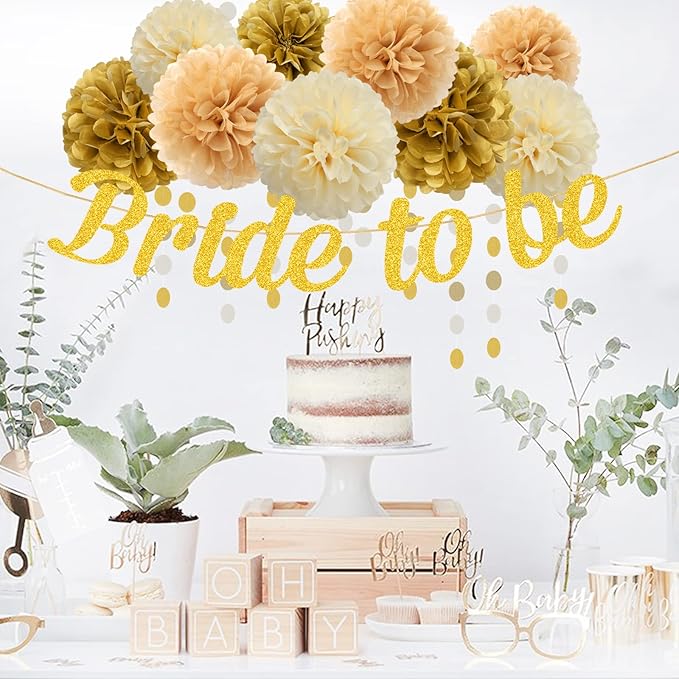 White-Gold Champagne Bridal-Shower Party Decorations - 27pcs Tissue Pom Poms Streamers,Bride to Be Banner,Bachelorette Tassel Garland Decor Panduola