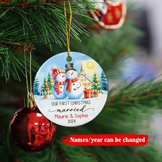 Personalized Our First Christmas Married Ornament 2025 - Custom Year & Names Couple Snowman Wedding Gift for Newlywed Husband Wife - Mr & Mrs Just Married Xmas Tree Decor