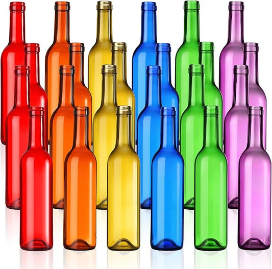 Rtteri 24 Pcs Decorative Colored Wine Bottles 375ml Empty Glass Bottles for Flowers Wedding Decor Centerpiece Christmas Party Favor DIY Crafts (Multicolor)
