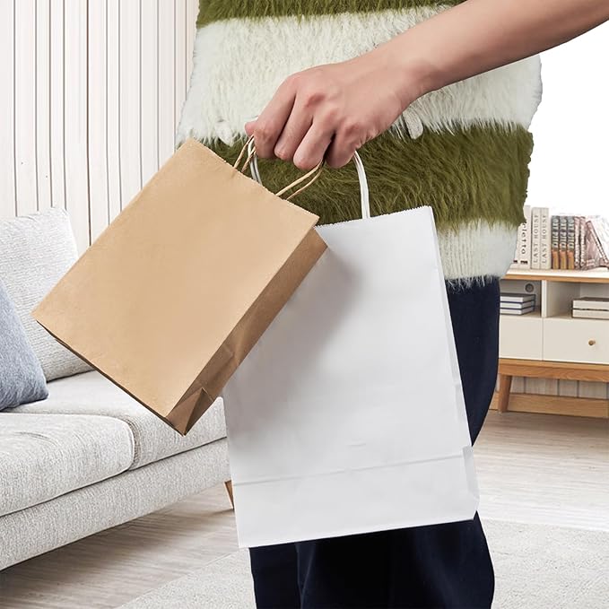 YEEHAW Medium Gift Bag, 50Pcs White Kraft Paper Bags with Handles, Eco-Friendly, Bulk Pack, 8''x4.5''x10.8'', Ideal for Wedding, Birthday, Party Favors, Holiday Gifts, Retail Bags