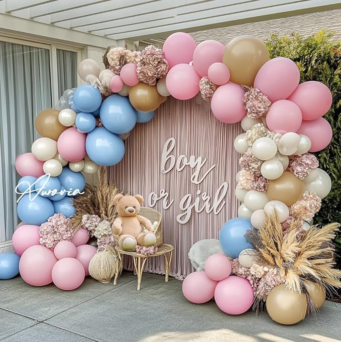 Pink Blue Brown Balloon Garland Double Stuffed Dusty Pink Light Blue White Sand Pearl Balloons Pastel Balloon Arch Kit for Boho Baby Shower Birthday Bridal Shower Bear Gender Reveal Party Decoration
