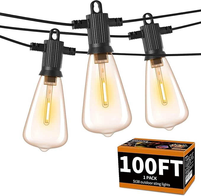ZOTOYI Outdoor String Lights 100 FT, Waterproof IP65 LED Patio Lights with 52 ST38 Shatterproof Bulbs(2 Spare), Dimmable String Lights for Outside, Cafe, Bistro, Backyard, Garden Warm White