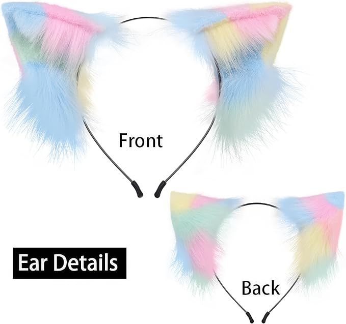 QinRuan Animal Cosplay Costume Accessories Furry Faux Fur Cat Ears Headband and Fox Tail Set Halloween Accessory