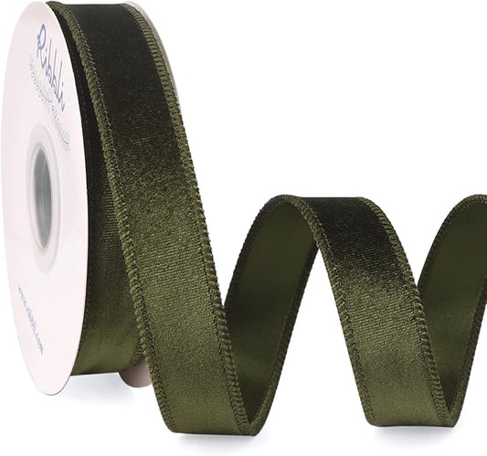 Ribbli Moss Green Velvet Wired Ribbon 1 Inch Velvet with Satin Christmas Ribbon for Gift Wrapping Christmas Tree Decoration Crafts Wreaths Supplies-Continuous 10 Yards