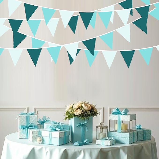 32Ft Teal Party Decorations Dark Green Teal Blue Triangle Banner Flag Pennant Fabric Garland Streamers for Summer Birthday Aqua Green Baby Shower Sea Beach Turquoise Party Outddor Decor Supplies