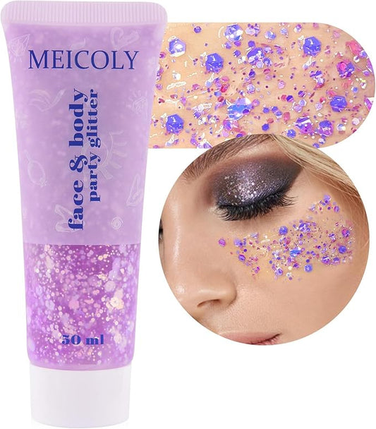 MEICOLY Chameleon Light Purple Hair Glitter,Chunky Face Body Glitter for Halloween,Color Changing Mermaid Face Glitter,Holographic Glitter Sequin for Face Body Hair,Festival Party Cheer Glitter Makeup